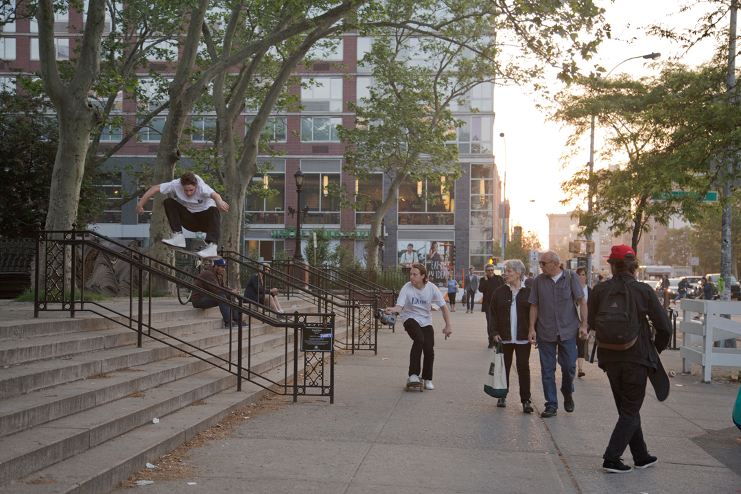 Josh Wilson ollies in Houston Park, NYC with Peter Sidlauskas dodging the tourists and getting the clip.