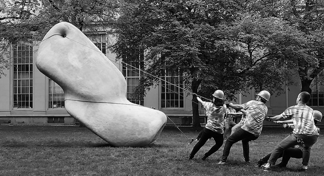 sablone and her classmates at mit putting up their mcknelly megalith