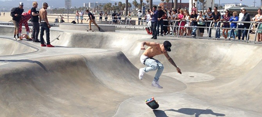 The Biebs demonstrating a proper kickflip airwalk in the bottom of the bowl at Venice Beach.